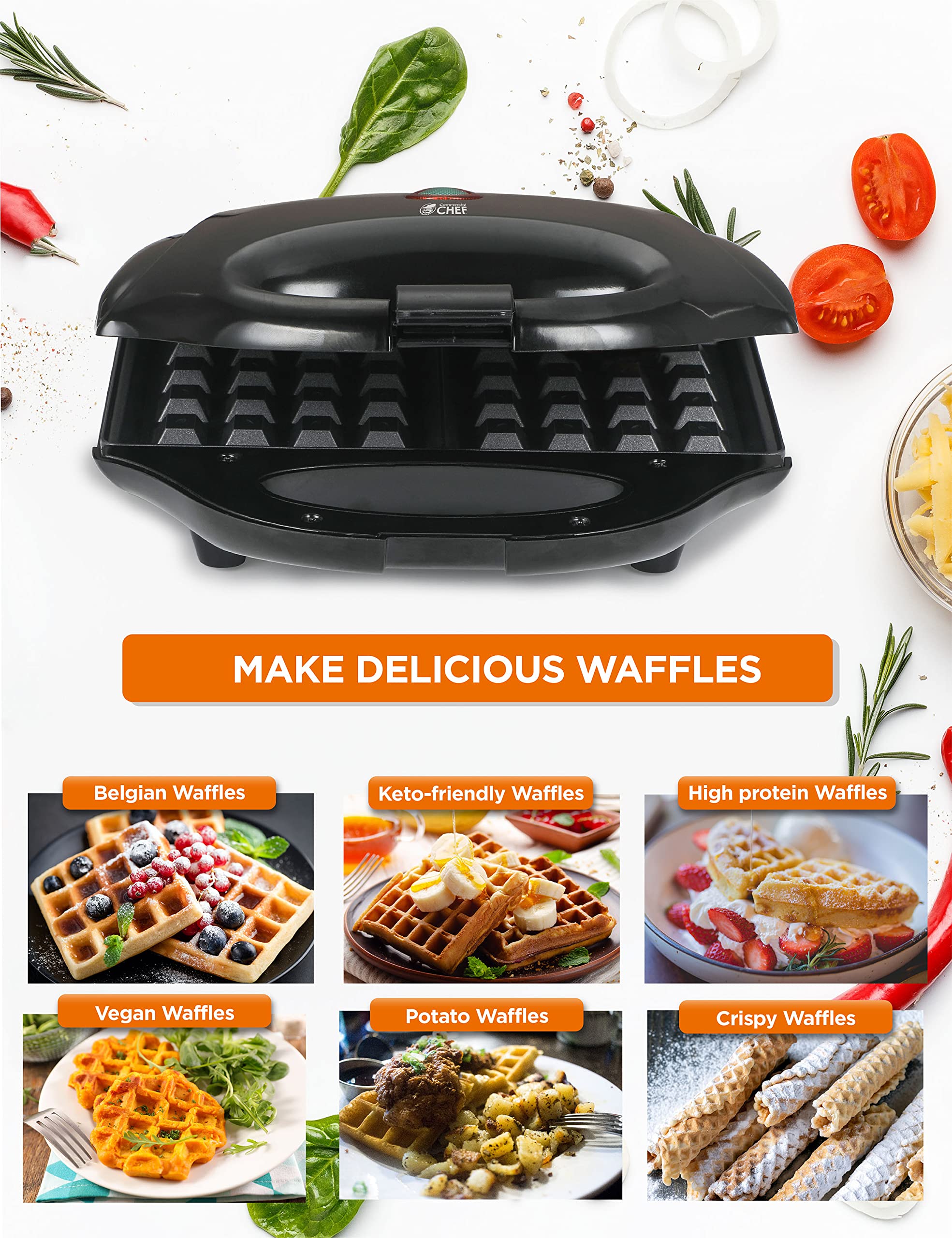 Commercial Chef Waffle Maker, Nonstick Mini Waffle Maker, Easy-to-Clean Electric Waffle Iron for Breakfast Waffles with Power on Light Thermostat