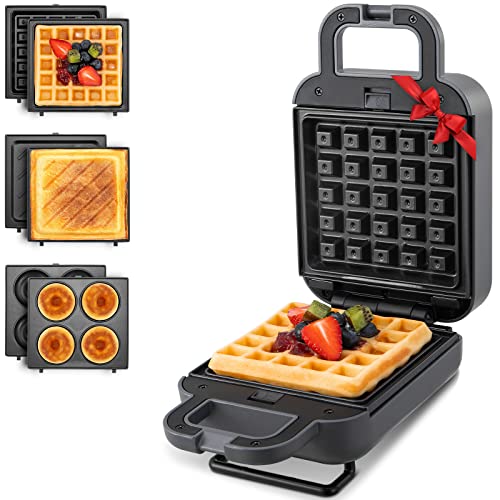 Waffle Maker Mini, Sandwich with Removable Plates 3-in-1, Breakfast Waffle Iron Machine Small Belgian, Donut Maker, Non-Stick, Compact Design, Grilled Cheese, Keto Chaffles, Paninis, Gray 600W BEZIA