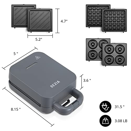 Waffle Maker Mini, Sandwich with Removable Plates 3-in-1, Breakfast Waffle Iron Machine Small Belgian, Donut Maker, Non-Stick, Compact Design, Grilled Cheese, Keto Chaffles, Paninis, Gray 600W BEZIA
