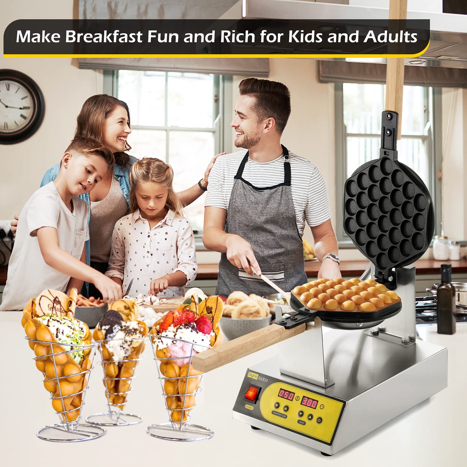 Dyna-Living Bubble Waffle Maker Commercial Intelligent Hong Kong Egg Waffle Maker 1400W Bubble Waffle Maker Machine with Non-stick Coating,LED Digital Display,110V