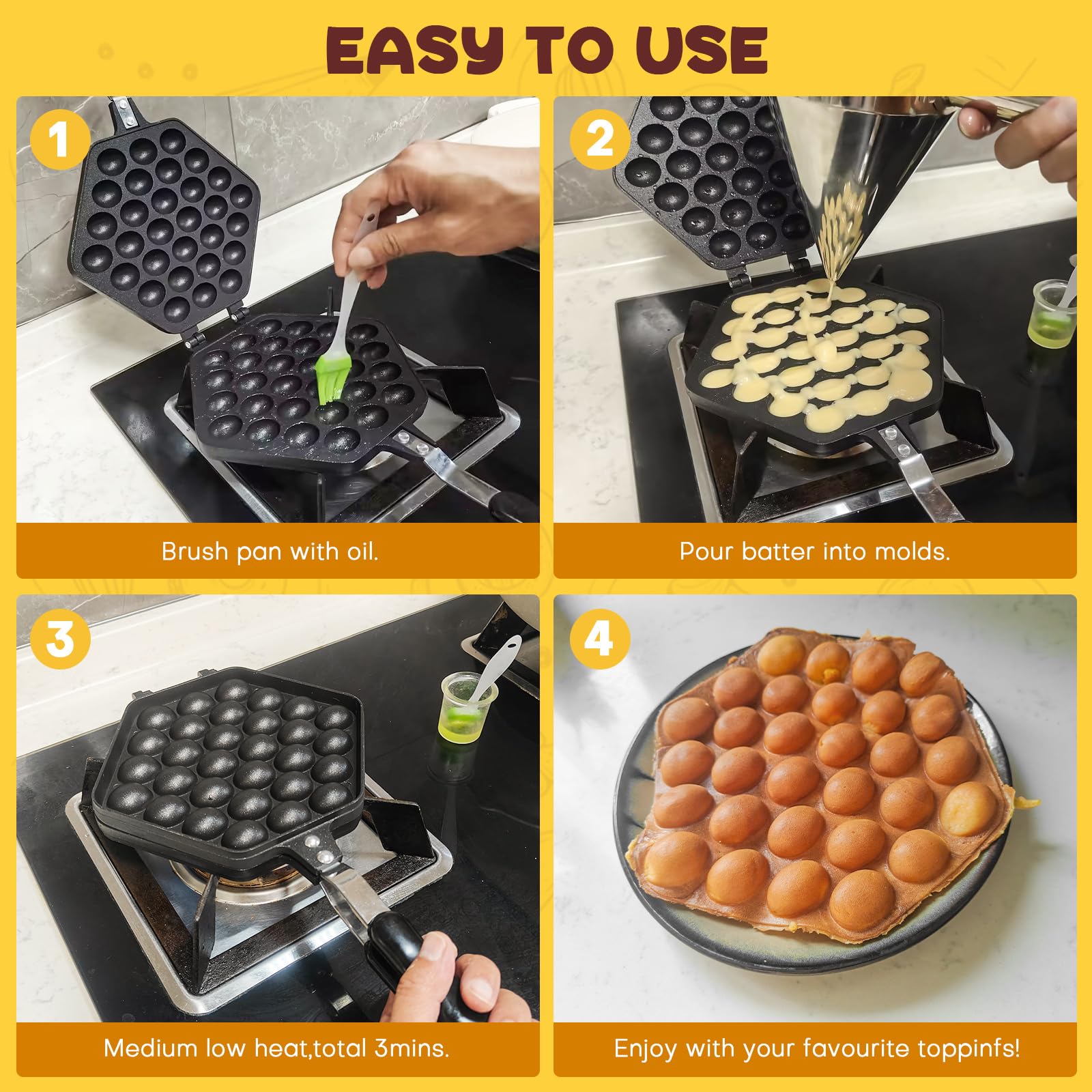 AMGSH Bubble Waffle Maker Pan Hand Held Egg Waffle Pan,Aluminum Alloy Non-stick Waffle Cake Baking Mold Plate for Breakfast Lunch Household Cafe Cake Shop Restaurant