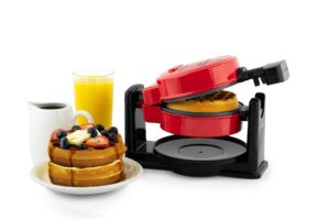 nostalgia mymini flip belgian waffle maker, waffle iron with non-stick surfaces, cool touch handles, & removable drip tray, makes classic belgian style waffles, egg bakes, cinnamon rolls, red
