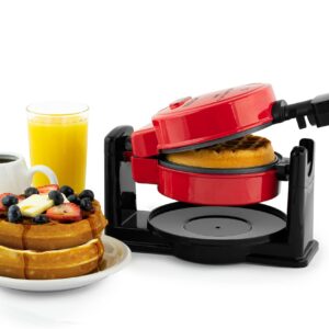 Nostalgia MyMini Flip Belgian Waffle Maker, Waffle Iron with Non-Stick Surfaces, Cool Touch Handles, & Removable Drip Tray, Makes Classic Belgian Style Waffles, Egg Bakes, Cinnamon Rolls, Red