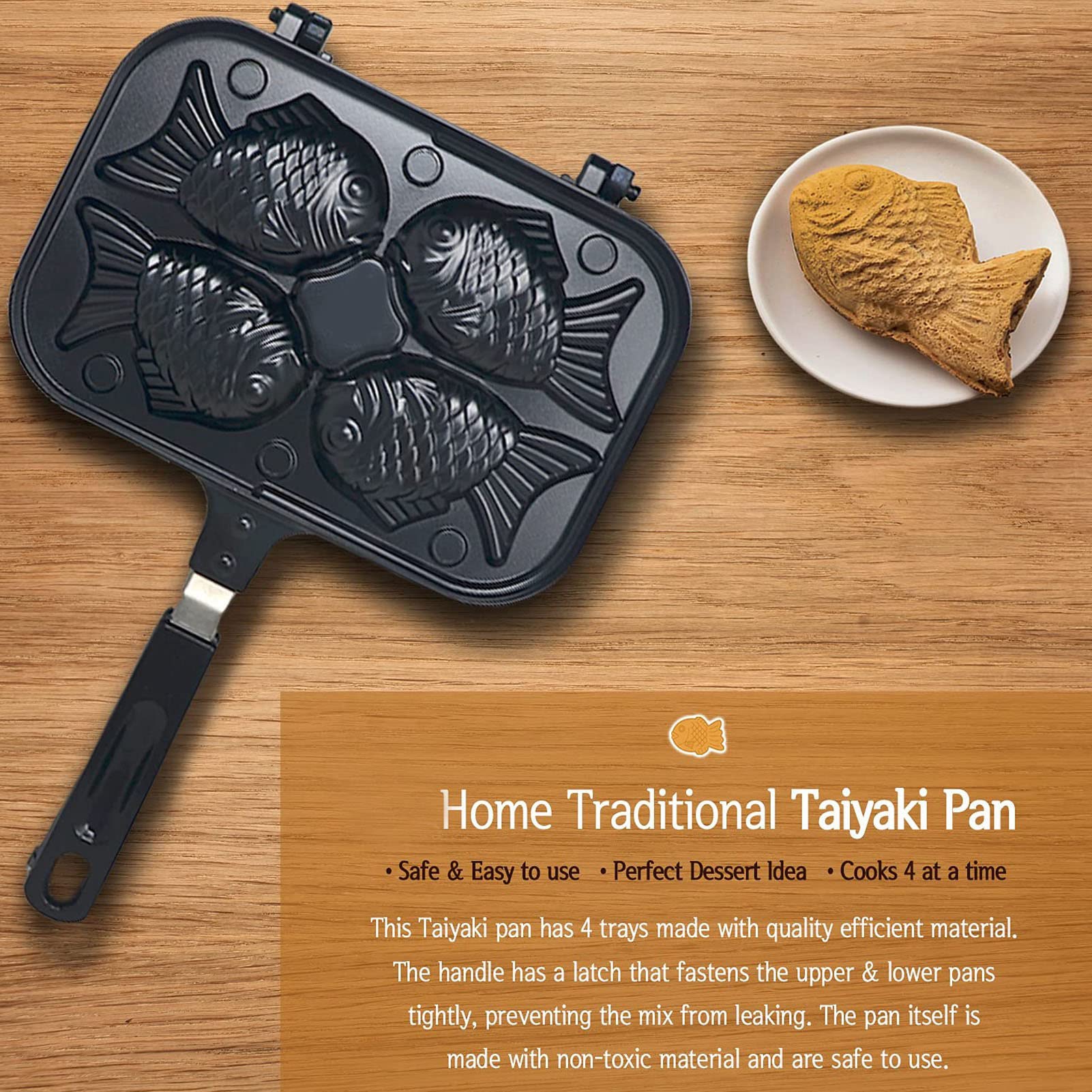 AYNEFY Taiyaki Pan, Taiyaki Fish Shape Cake Maker Non Stick Taiyaki Double Baking Pan Waffle Baking with Black Anti Scalding Handle for Home Kitchen