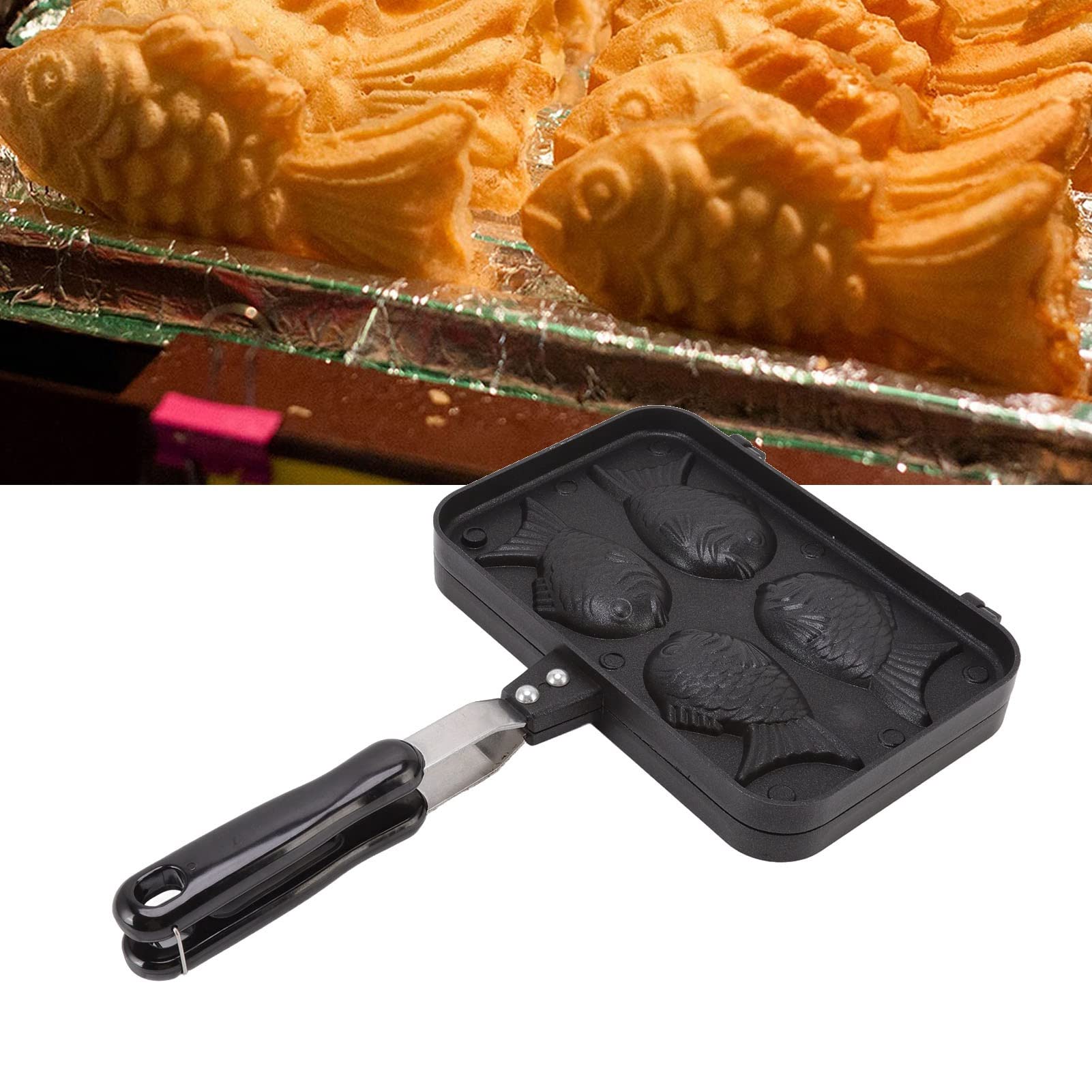 AYNEFY Taiyaki Pan, Taiyaki Fish Shape Cake Maker Non Stick Taiyaki Double Baking Pan Waffle Baking with Black Anti Scalding Handle for Home Kitchen