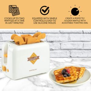 Nostalgia Vertical Waffle Maker, Bakes Two Fresh Batter Waffles at a Time in a Toaster, Removable Dishwasher Safe Silicone Molds, Extra Wide Slots, Adjustable Doneness Dial, Ivory, VWT2IVY