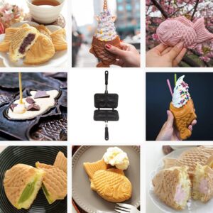 Taiyaki Fish-Shaped Cake Pan, Non-stick Waffle Cake Maker with Long Handle Pancake Baking Double Pan Mold Japanese Fish-Shaped Hot Cake Maker for Home DIY Cooking Party Dessert