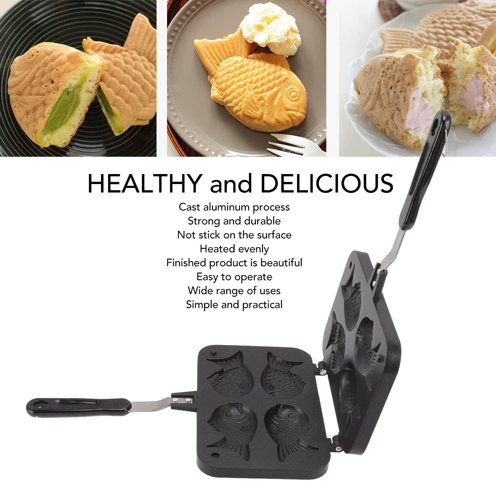 Taiyaki Fish-Shaped Cake Pan, Non-stick Waffle Cake Maker with Long Handle Pancake Baking Double Pan Mold Japanese Fish-Shaped Hot Cake Maker for Home DIY Cooking Party Dessert