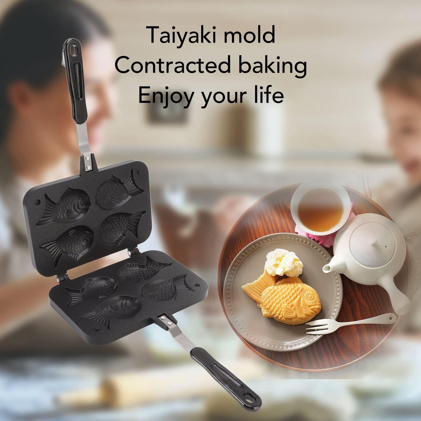 Taiyaki Fish-Shaped Cake Pan, Non-stick Waffle Cake Maker with Long Handle Pancake Baking Double Pan Mold Japanese Fish-Shaped Hot Cake Maker for Home DIY Cooking Party Dessert