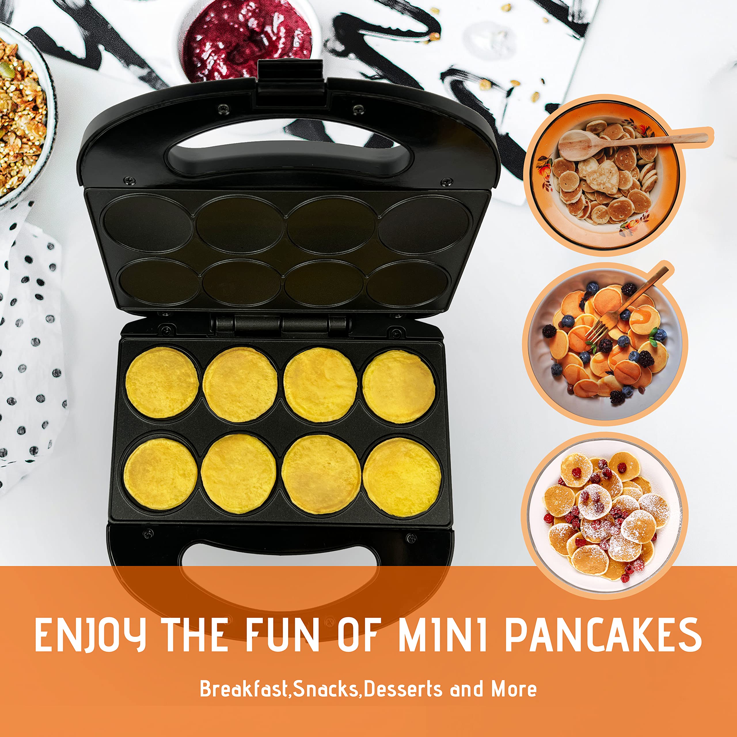 FineMade Mini Pancakes Maker Machine with Non Stick Plates, Small Pancake Griddle, Makes 8 x 2” Tiny and Flat Pancakes, Ideal for Breakfast, Snacks, Desserts and More