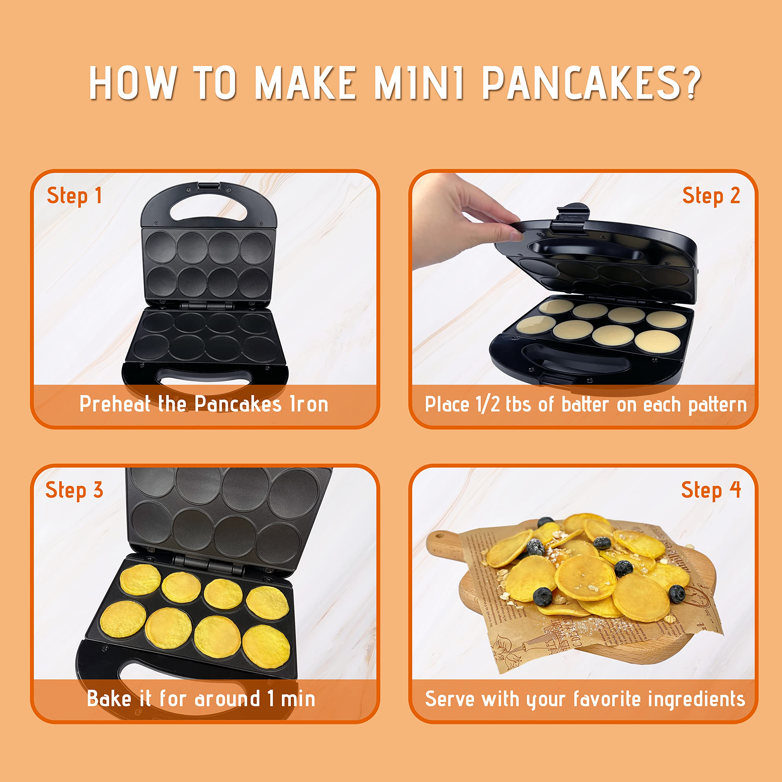 FineMade Mini Pancakes Maker Machine with Non Stick Plates, Small Pancake Griddle, Makes 8 x 2” Tiny and Flat Pancakes, Ideal for Breakfast, Snacks, Desserts and More