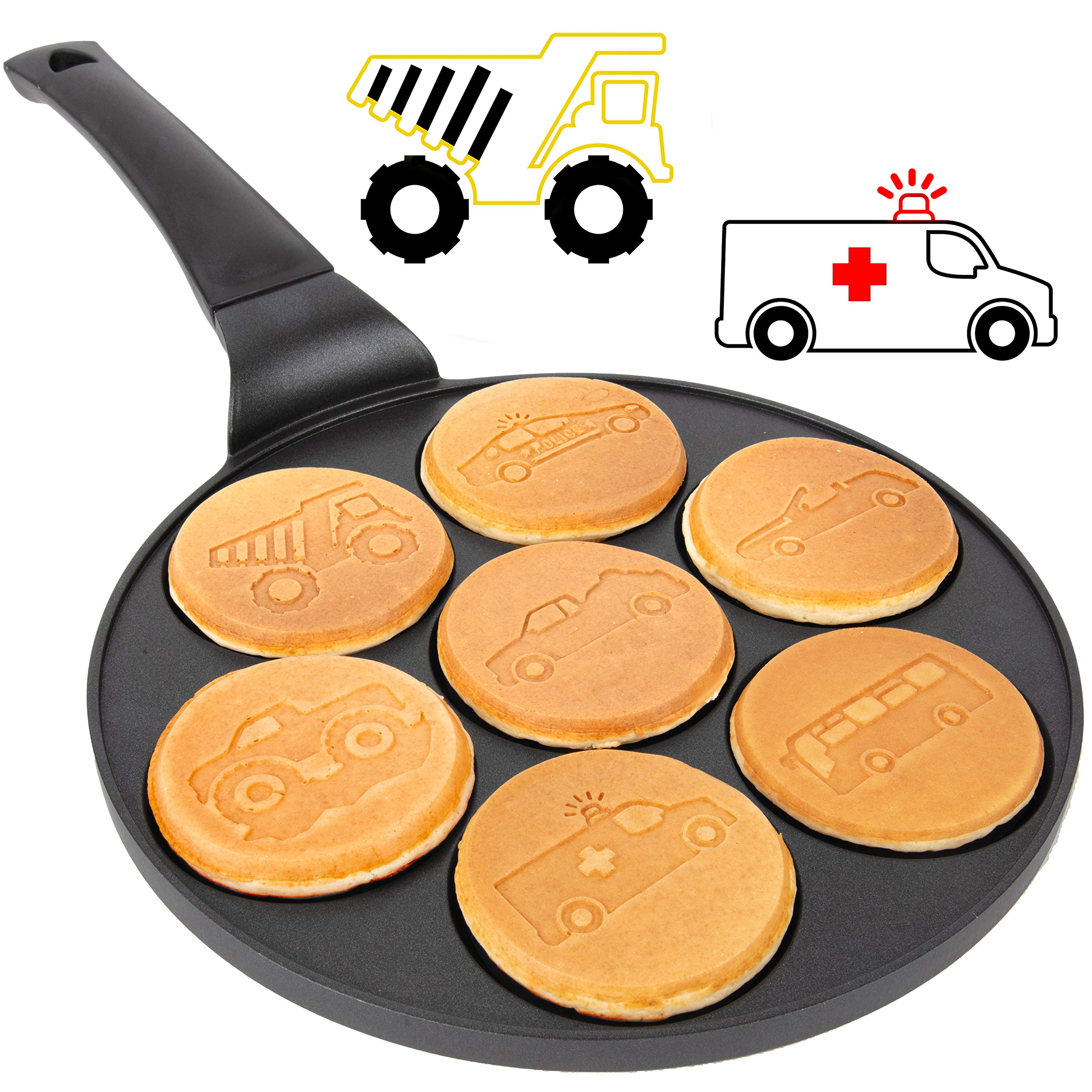 Car & Truck Mini Pancake Pan - Make 7 Unique Flapjack Cars, Nonstick Pan Cake Maker Griddle for Breakfast Fun & Easy Cleanup, Unique Morning Treat or Special Birthday Baking Gift for Kids