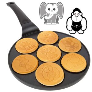 animal mini pancake pan - make 7 unique flapjack zoo animals, including a elephant, giraffe and more- nonstick pan cake maker griddle for breakfast fun & easy cleanup, unique holiday breakfast or gift