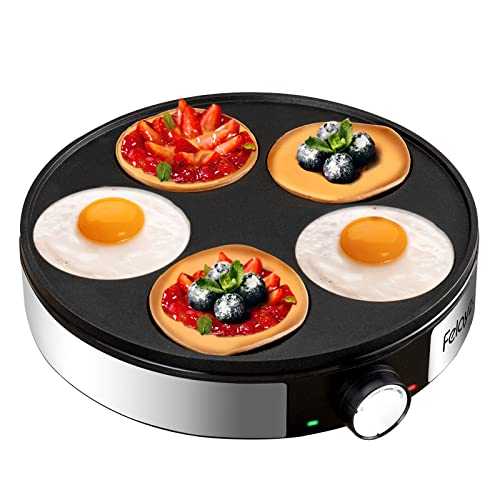 FELAYZA 12" 5 Holes Electric Crepe Maker & Griddle, NonStick Crepe Pan with Batter Spreader,1200W Omelette Makers with Thermostat Control for Pancake, Egg, Brunch