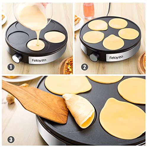 FELAYZA 12" 5 Holes Electric Crepe Maker & Griddle, NonStick Crepe Pan with Batter Spreader,1200W Omelette Makers with Thermostat Control for Pancake, Egg, Brunch
