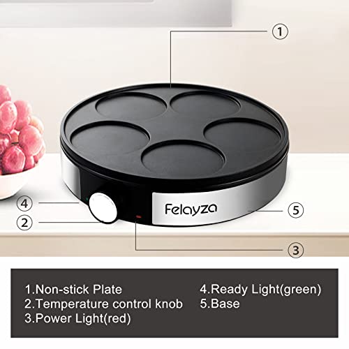 FELAYZA 12" 5 Holes Electric Crepe Maker & Griddle, NonStick Crepe Pan with Batter Spreader,1200W Omelette Makers with Thermostat Control for Pancake, Egg, Brunch