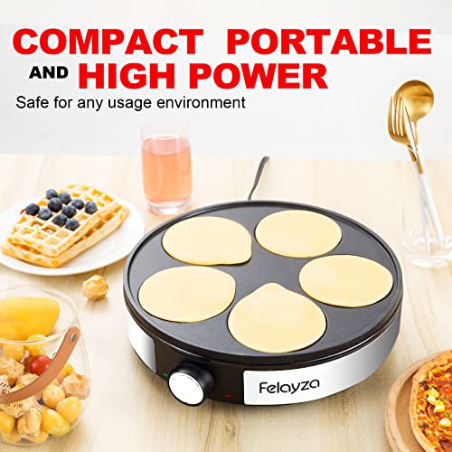 FELAYZA 12" 5 Holes Electric Crepe Maker & Griddle, NonStick Crepe Pan with Batter Spreader,1200W Omelette Makers with Thermostat Control for Pancake, Egg, Brunch