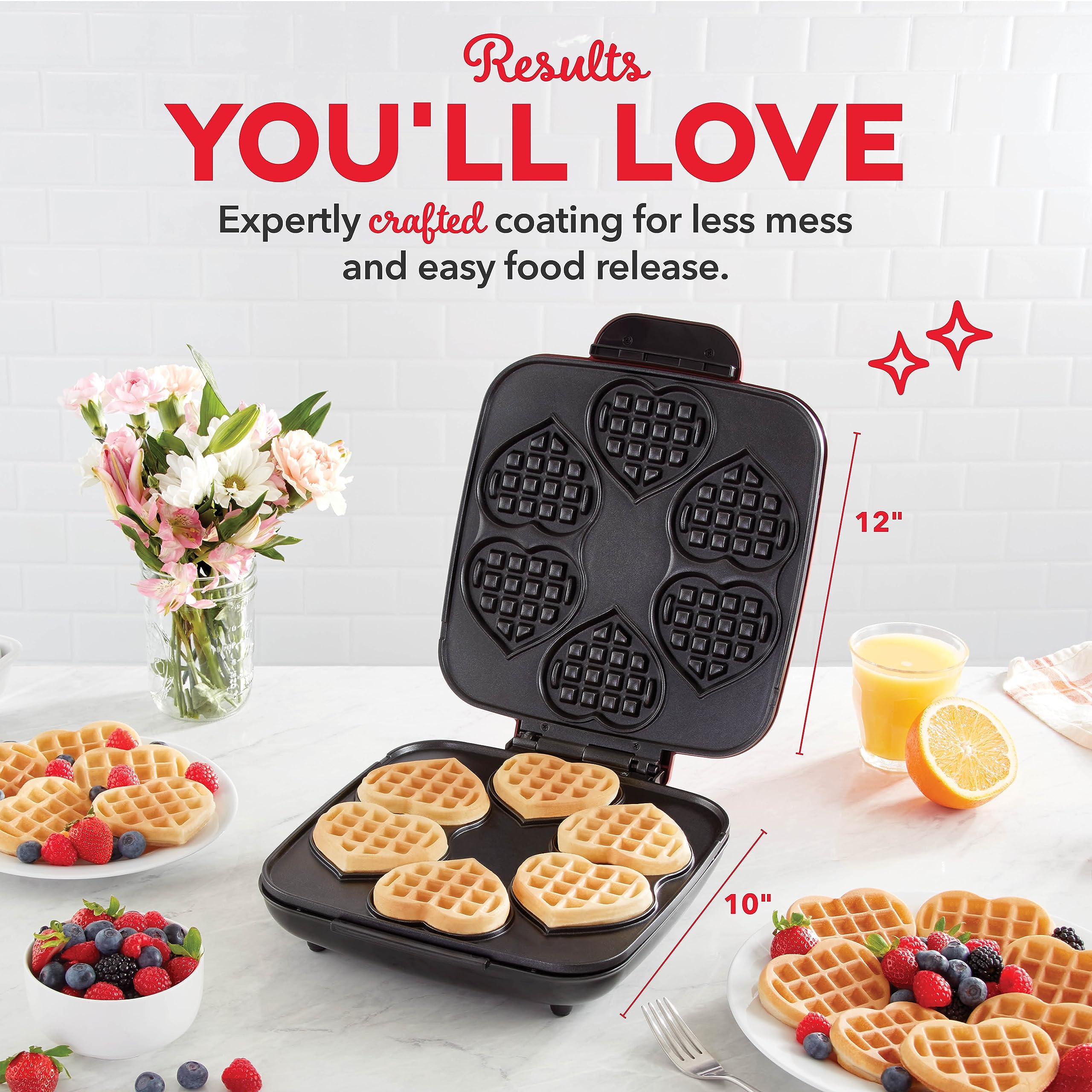 DASH Multi Mini Heart Shaped Waffle Maker: Six Mini Waffles, Perfect for Families, Dual Non-stick Surfaces with Quick Release & Easy Clean - Red Heart