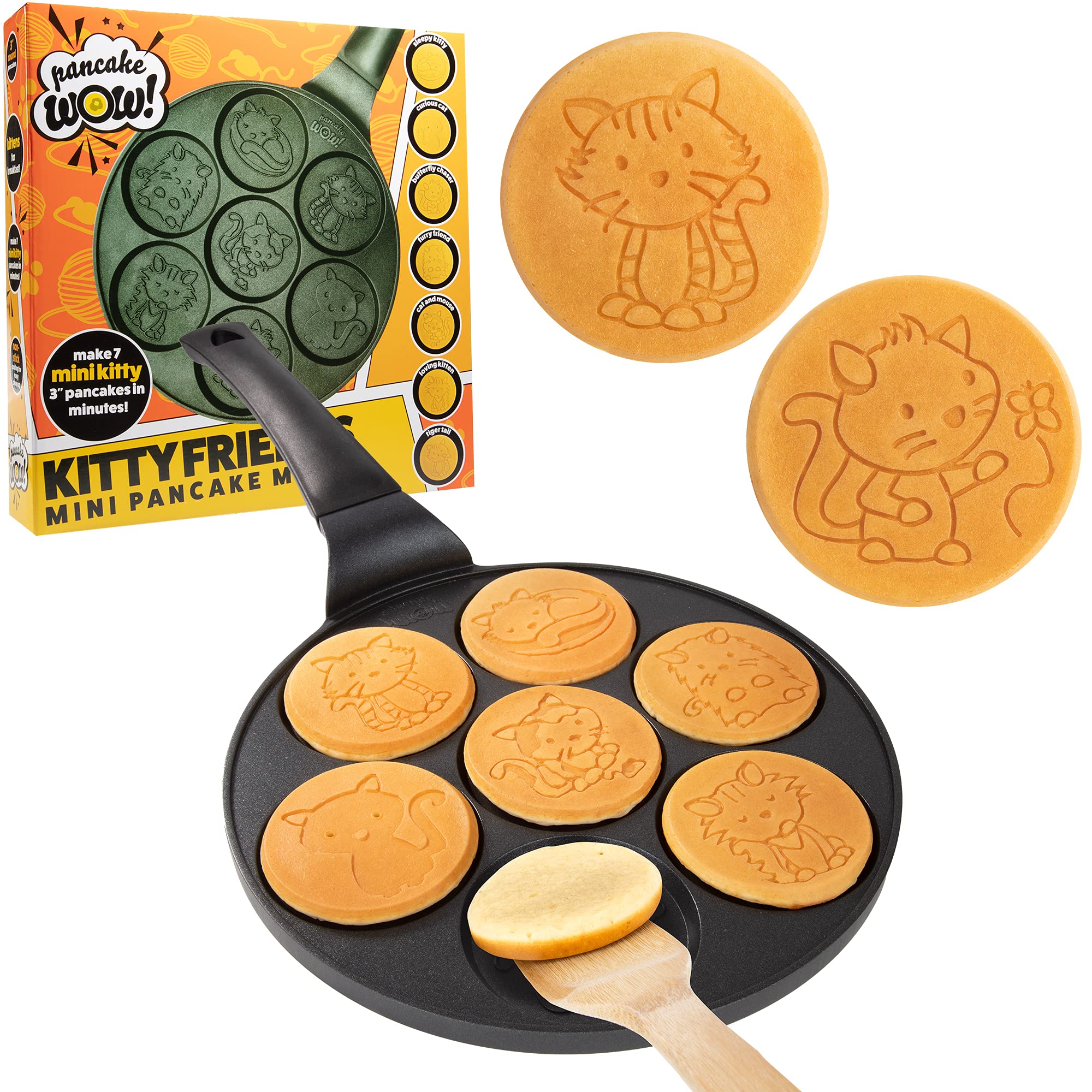 Kitty Friends Mini Pancake Pan - Make 7 Unique Flapjack Cat Designs, Nonstick Pan Cake Maker Griddle for Breakfast Kitten Fun & Easy Cleanup, Fun Animal Gift