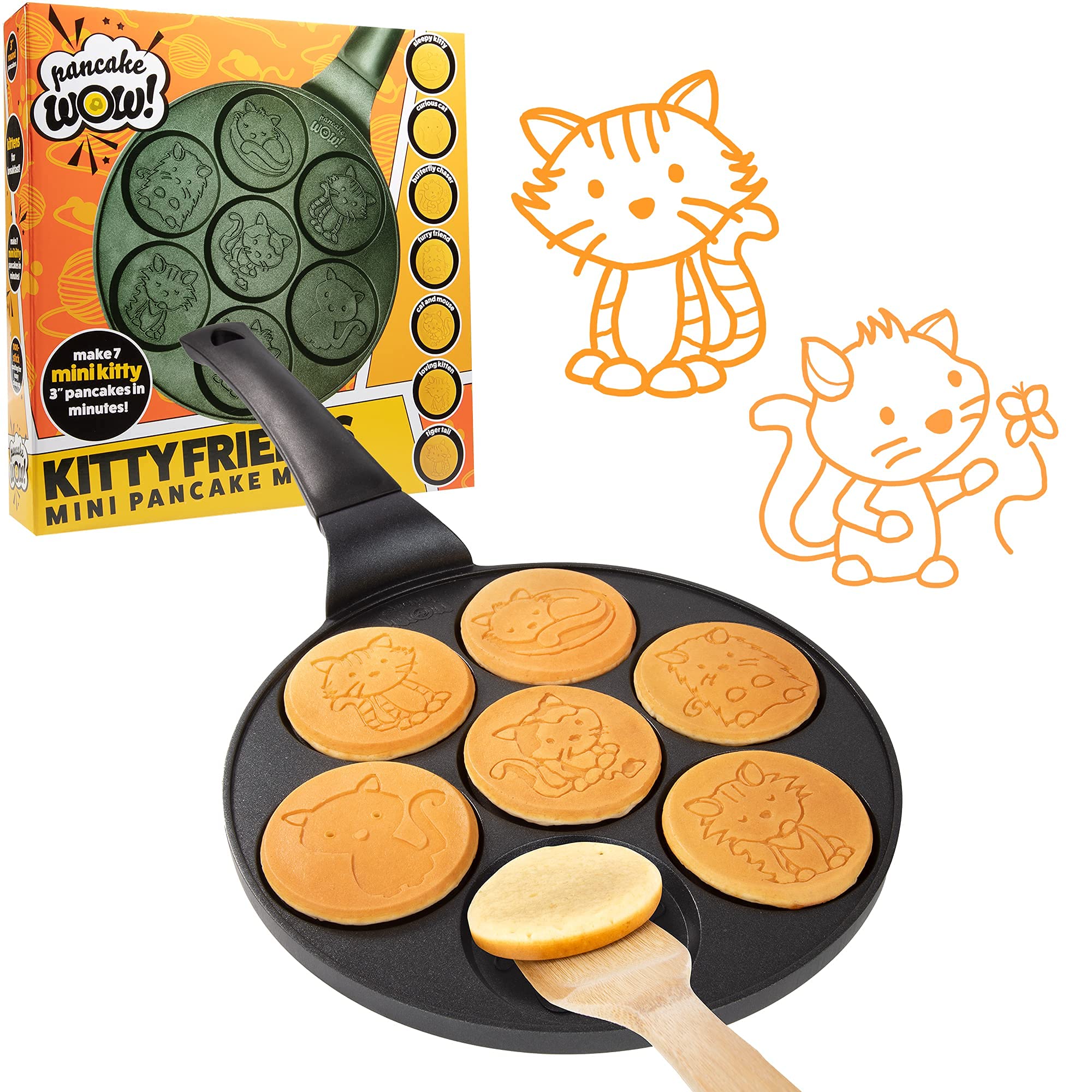 Kitty Friends Mini Pancake Pan - Make 7 Unique Flapjack Cat Designs, Nonstick Pan Cake Maker Griddle for Breakfast Kitten Fun & Easy Cleanup, Fun Animal Gift