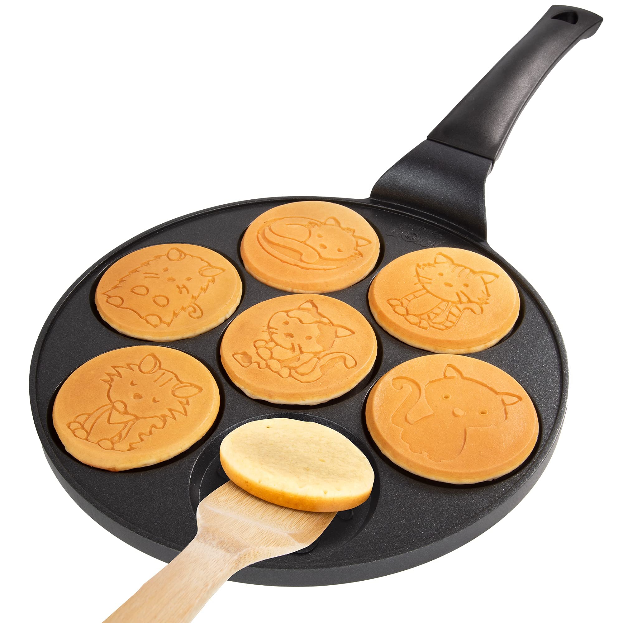 Kitty Friends Mini Pancake Pan - Make 7 Unique Flapjack Cat Designs, Nonstick Pan Cake Maker Griddle for Breakfast Kitten Fun & Easy Cleanup, Fun Animal Gift