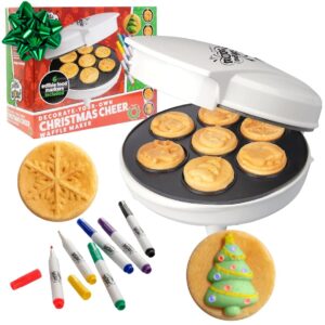 christmas holiday waffle maker w 6 edible food markers- make x-mas breakfast fun w delicious decorated pancakes or waffles- electric nonstick waffler iron, fun gift for kids & adults, family activity