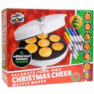 Christmas Holiday Waffle Maker w 6 Edible Food Markers- Make X-Mas Breakfast Fun w Delicious Decorated Pancakes or Waffles- Electric Nonstick Waffler Iron, Fun Gift for Kids & Adults, Family Activity