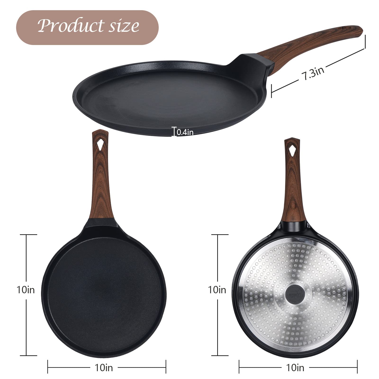 Vinchef Nonstick Crepe Pan, 10inch Skillet Pan for Dosa Tawa Omelette Tortillas Crispy Pancake, Griddle Pancake Pan, PFOA FREE and Induction Compatible