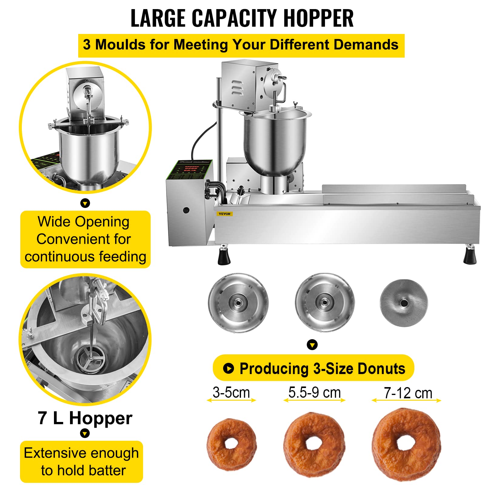 VEVOR 110V Commercial Automatic Donut Making Machine, Single Row Auto Doughnut Maker, 7L Hopper Donut Maker with 3 Sizes Molds, Doughnut Fryer, 304 Stainless Steel Auto Donut