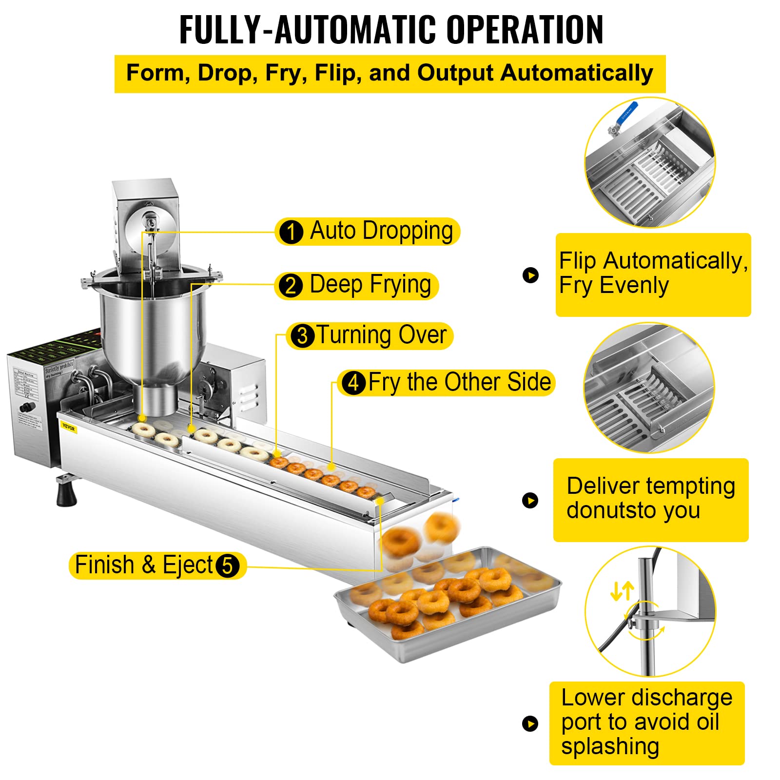 VEVOR 110V Commercial Automatic Donut Making Machine, Single Row Auto Doughnut Maker, 7L Hopper Donut Maker with 3 Sizes Molds, Doughnut Fryer, 304 Stainless Steel Auto Donut