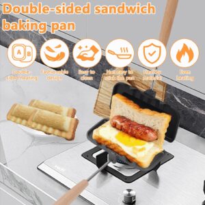 Double-Sided Sandwich Baking Pan, Double Sided Frying Pan, Sandwich Grill Gas Stove Grilled Cheese Maker Nonstick Sandwich Maker Flip Grill Pan for Breakfast Pancakes, Removable Handle (Style 1)