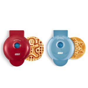 dash mini waffle maker (2 pack) for individual waffles hash browns, keto chaffles with easy to clean, non-stick surfaces, 4 inch, holiday (snowflake + gingerbread), red and metallic blue