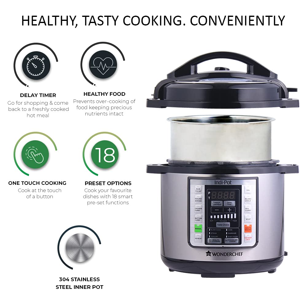 Wonderchef 6 Quart Indian Cooking Multi-use Programmable 7-in-1 Stainless Steel Pressure Cooker, Steamer, Yogurt Maker, Sauté, Rice Cooker, Warmer and Slow Cooker; 6-quarts