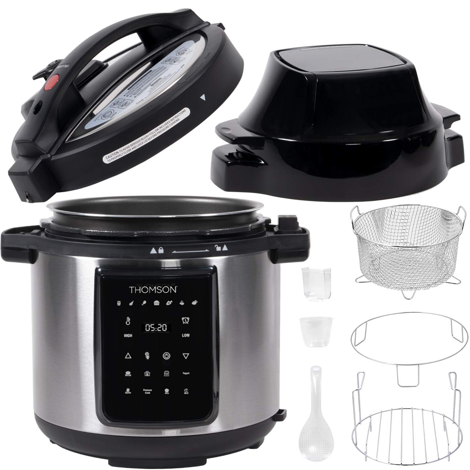 Thomson TFPC607 9-in-1 Pressure Cooker and Air Fryer with Dual Lid, Slow Cooker and More, Digital Touch Display, 6.5 QT Capacity, Included Cooking Accessories - Stainless Steel