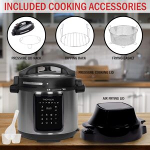 Thomson TFPC607 9-in-1 Pressure Cooker and Air Fryer with Dual Lid, Slow Cooker and More, Digital Touch Display, 6.5 QT Capacity, Included Cooking Accessories - Stainless Steel