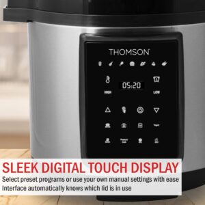 Thomson TFPC607 9-in-1 Pressure Cooker and Air Fryer with Dual Lid, Slow Cooker and More, Digital Touch Display, 6.5 QT Capacity, Included Cooking Accessories - Stainless Steel