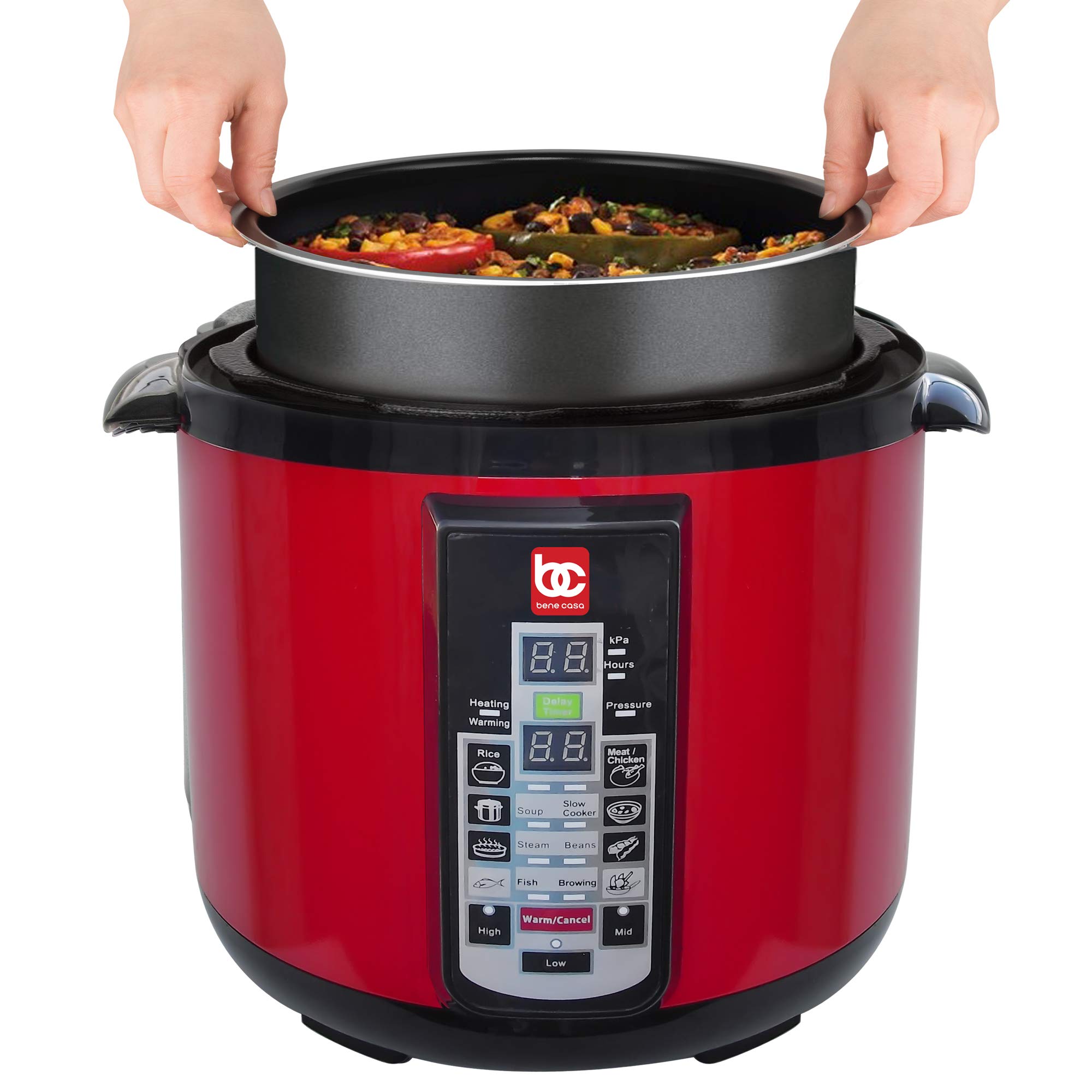 MBR INDUSTRIES Bene Casa 900W 8L Electric Pressure Cooker Red,easy to use digital controls,multi-function pressure cooker,built in automatic cooking programs