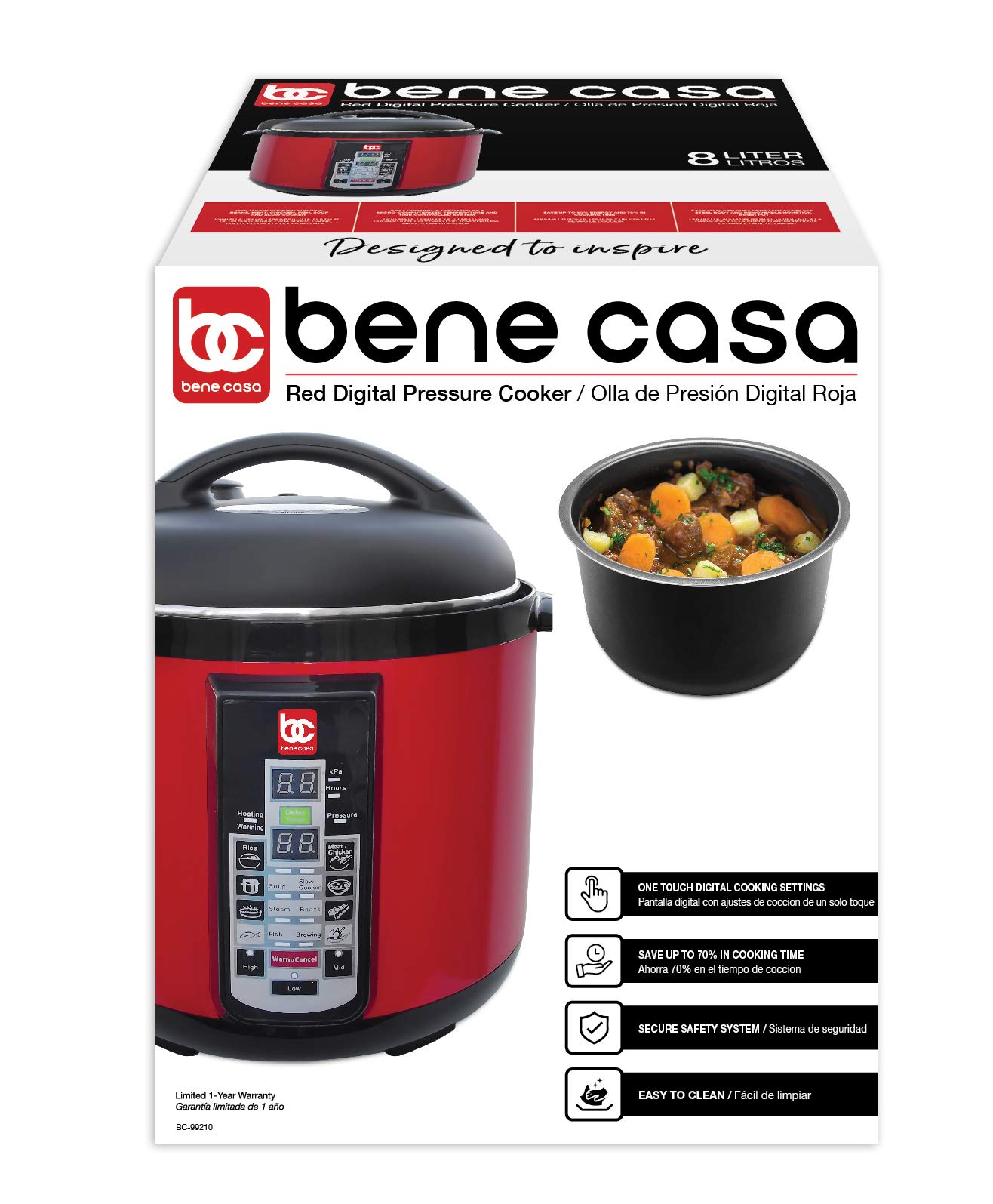 MBR INDUSTRIES Bene Casa 900W 8L Electric Pressure Cooker Red,easy to use digital controls,multi-function pressure cooker,built in automatic cooking programs