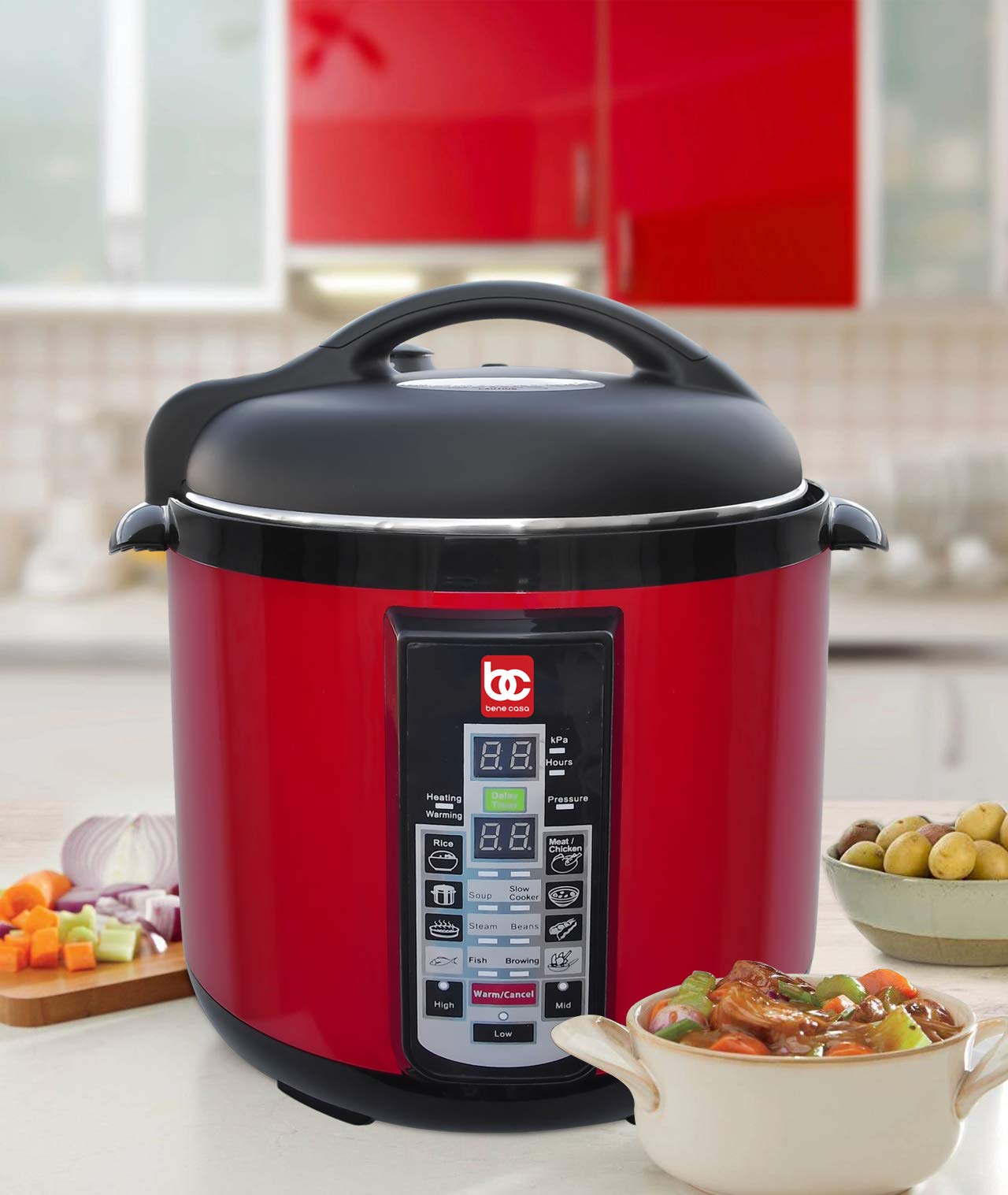 MBR INDUSTRIES Bene Casa 900W 8L Electric Pressure Cooker Red,easy to use digital controls,multi-function pressure cooker,built in automatic cooking programs