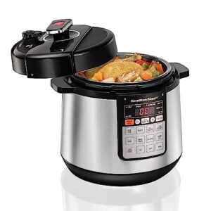 hamilton beach 6 qt pressure cooker with unique steam release button true slow cook technology, rice, sauté, egg and more, 10 preset programs (34502), stainless steel