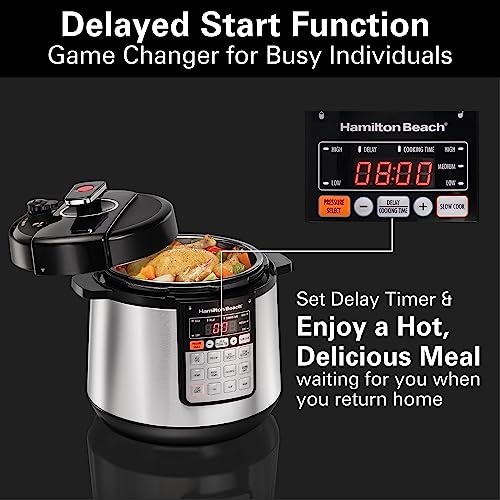 Hamilton Beach 6 Qt Pressure Cooker with Unique Steam Release Button True Slow Cook Technology, Rice, Sauté, Egg and More, 10 Preset Programs (34502), Stainless Steel