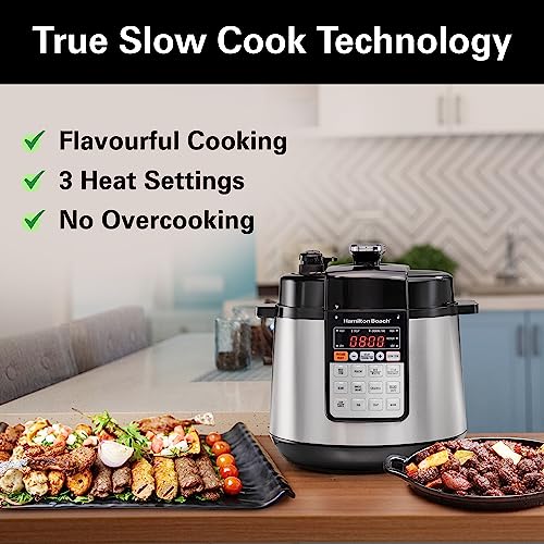 Hamilton Beach 6 Qt Pressure Cooker with Unique Steam Release Button True Slow Cook Technology, Rice, Sauté, Egg and More, 10 Preset Programs (34502), Stainless Steel