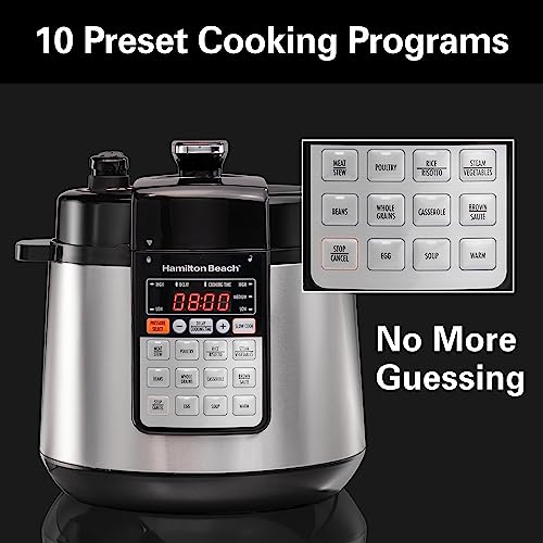 Hamilton Beach 6 Qt Pressure Cooker with Unique Steam Release Button True Slow Cook Technology, Rice, Sauté, Egg and More, 10 Preset Programs (34502), Stainless Steel