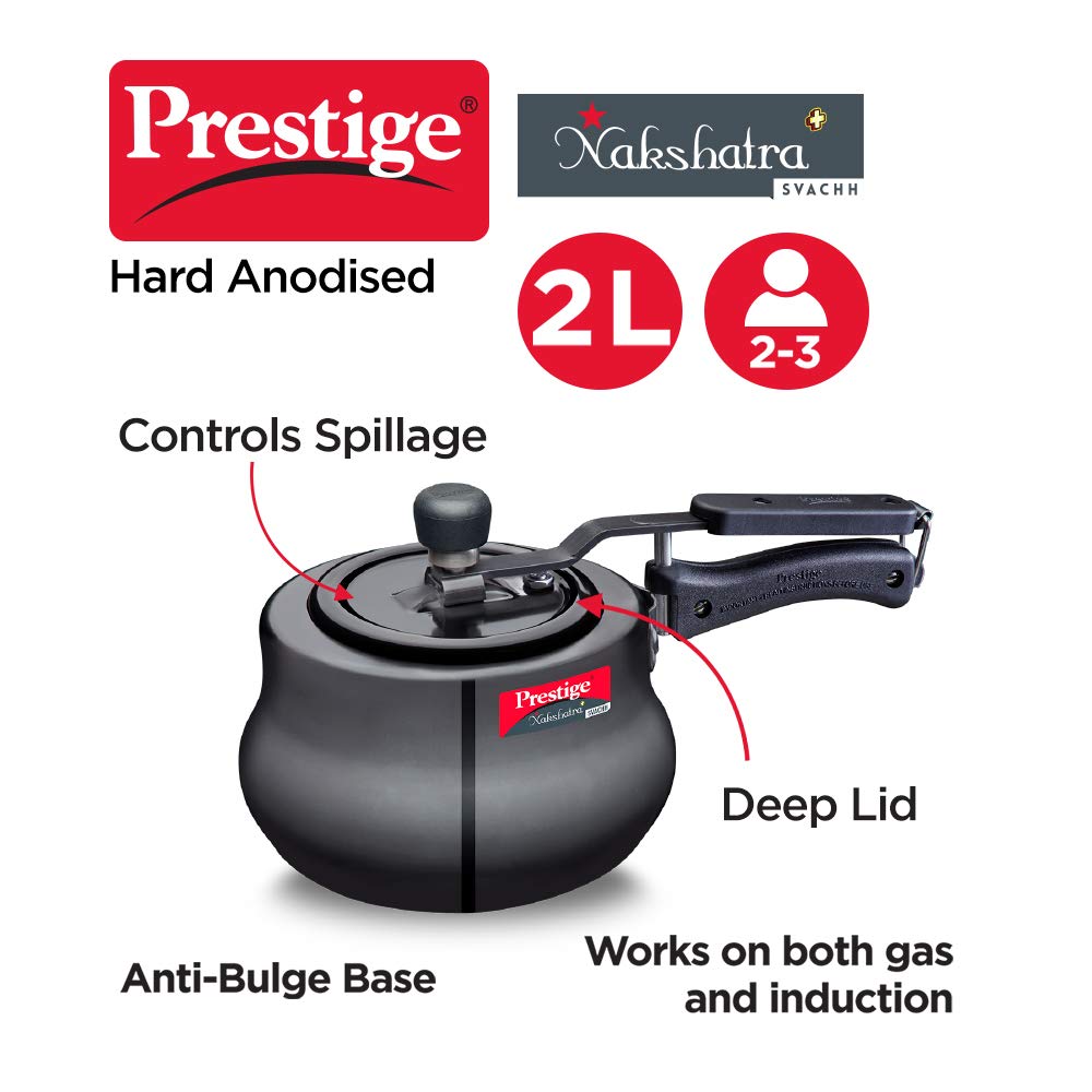 Prestige Nakshatra Plus Svachh Hard Anodised Aluminium Spillage Control Handi Pressure Cooker (Black), 2 Liter