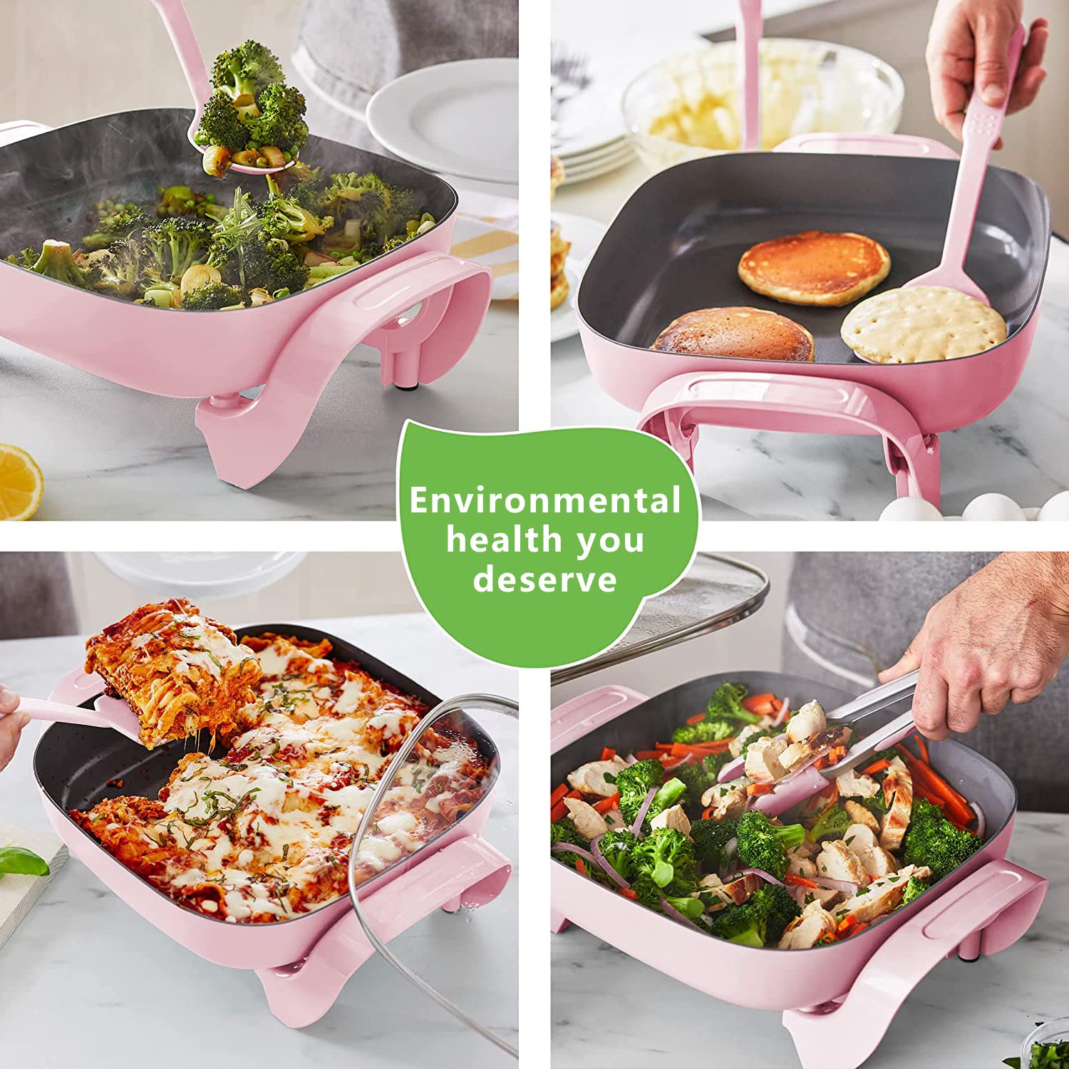 12-inch Nonstick Square Electric Skillet - with Glass Lid, Dishwasher Safe, Pink