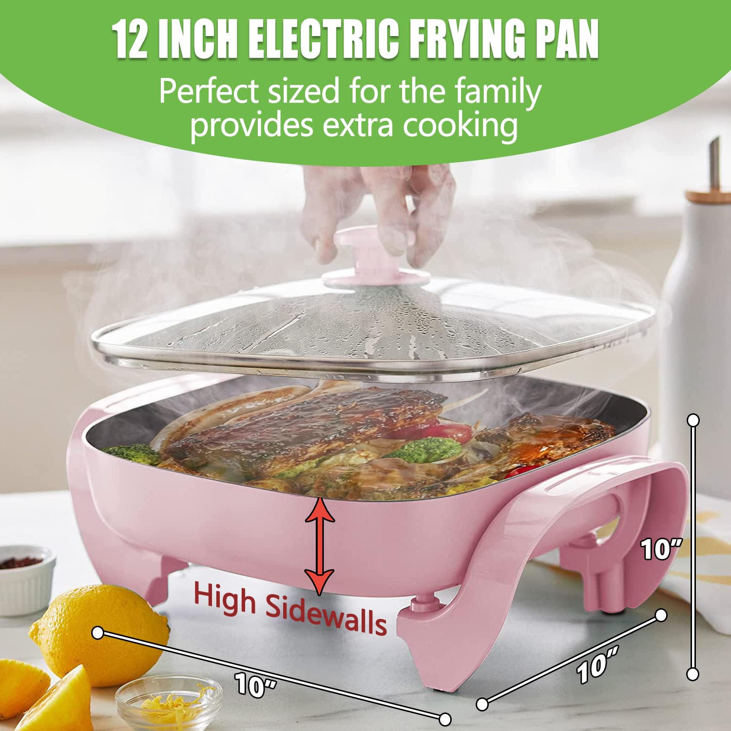 12-inch Nonstick Square Electric Skillet - with Glass Lid, Dishwasher Safe, Pink