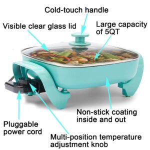 Electric Skillet Ceramic Nonstick 5QT - 12" Square with Glass Lid, Adjustable Temperature Control, Dishwasher Safe, Turquoise, Nozaya