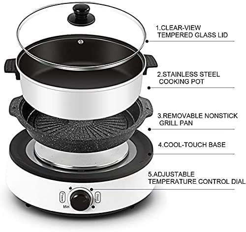 Multifunctional Split Electric hot Pot, Non-Stick Skillet,Large Capacity 4L for 6~8 people,with Temperature Control Fry, Soup, Stew, Grilling, White, 13.39×8.66×14.17 inches (HDJ-1350)