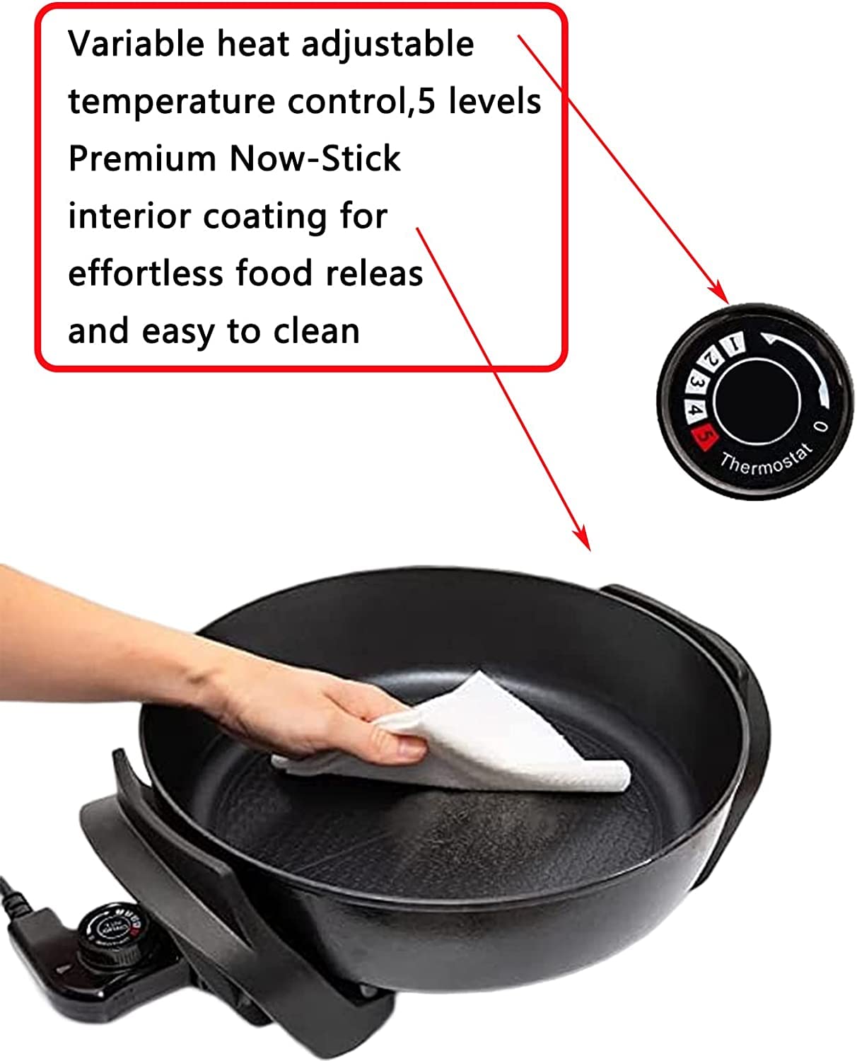 Extra Deep Electric Skillet Nonstick - Adjustable Temperature Control Aluminum Electric Fryer (12 Inch)