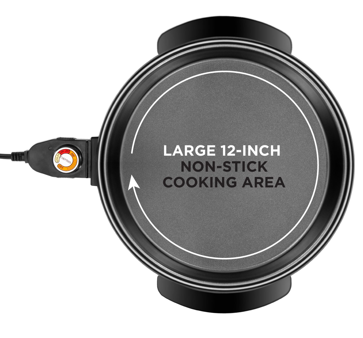 Chefman Electric Skillet - 12 Inch Round Frying Pan with Non Stick Coating, Temperature Control, Tempered Glass Lid, Cool-Touch Handles and Knob, Black